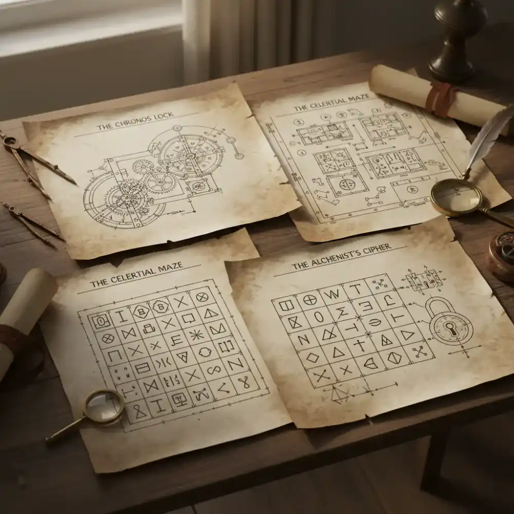 Vintage blueprints of escape room puzzles