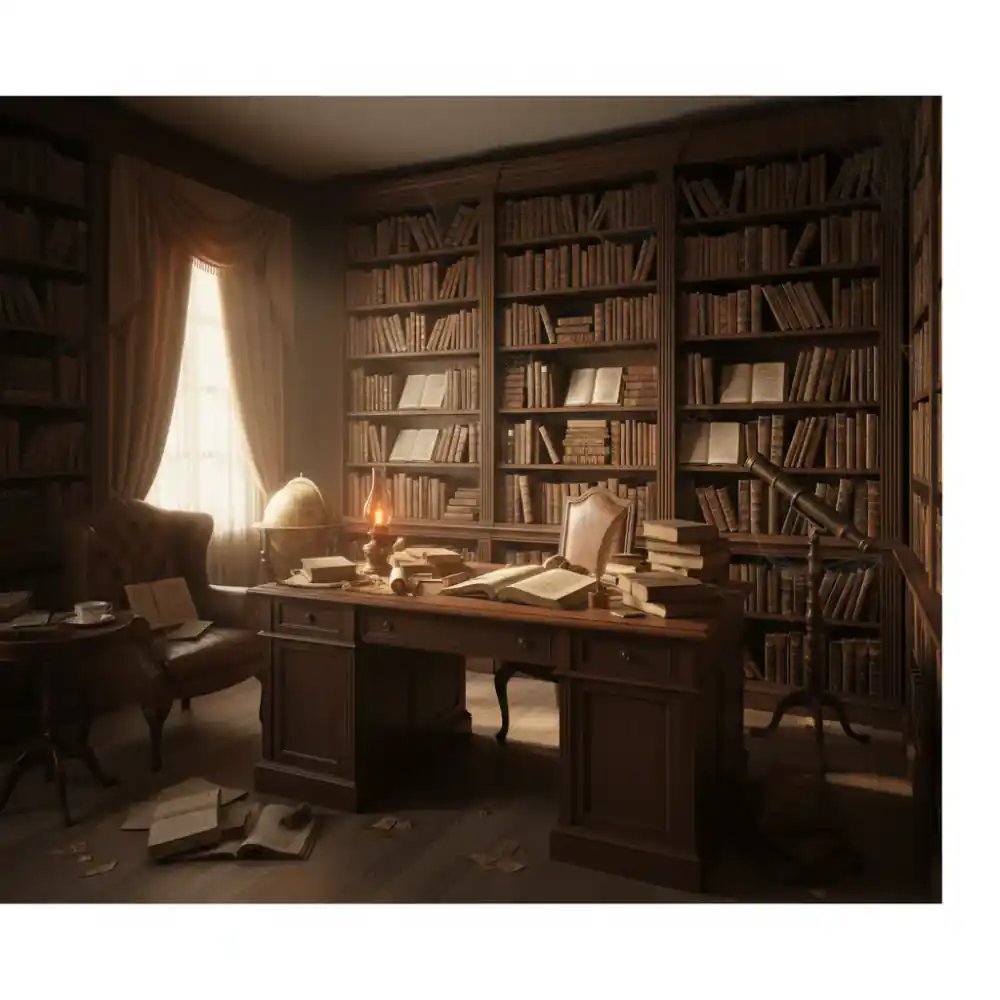 Dimly lit study with ancient books