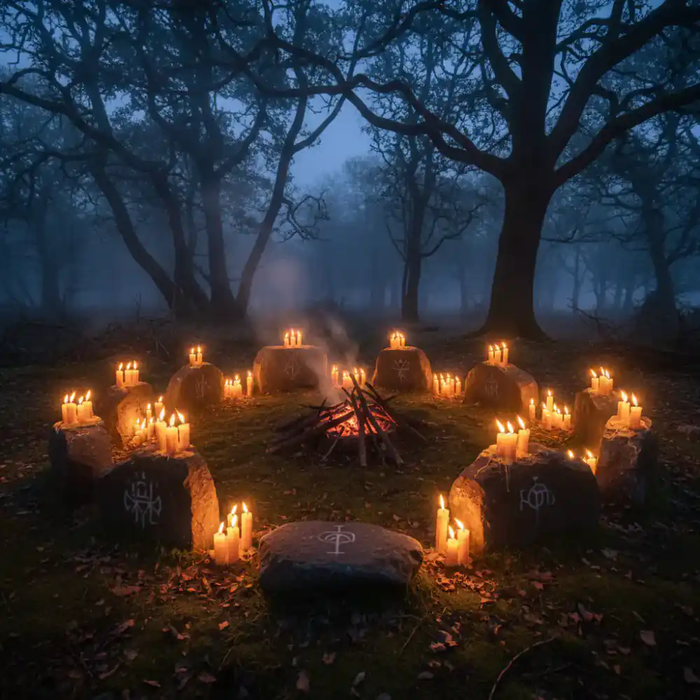 A strange ritual circle lit by candles