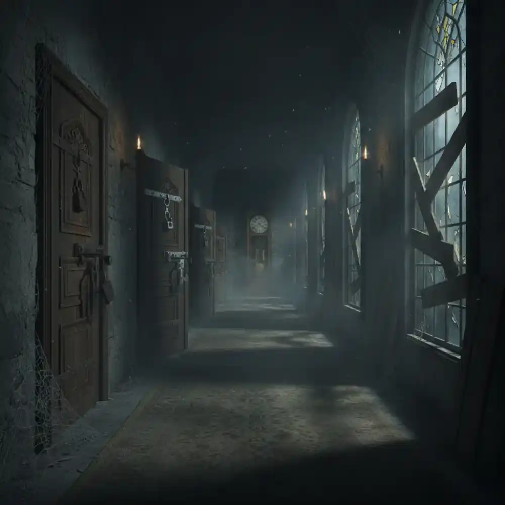 Atmospheric dark escape room hallway