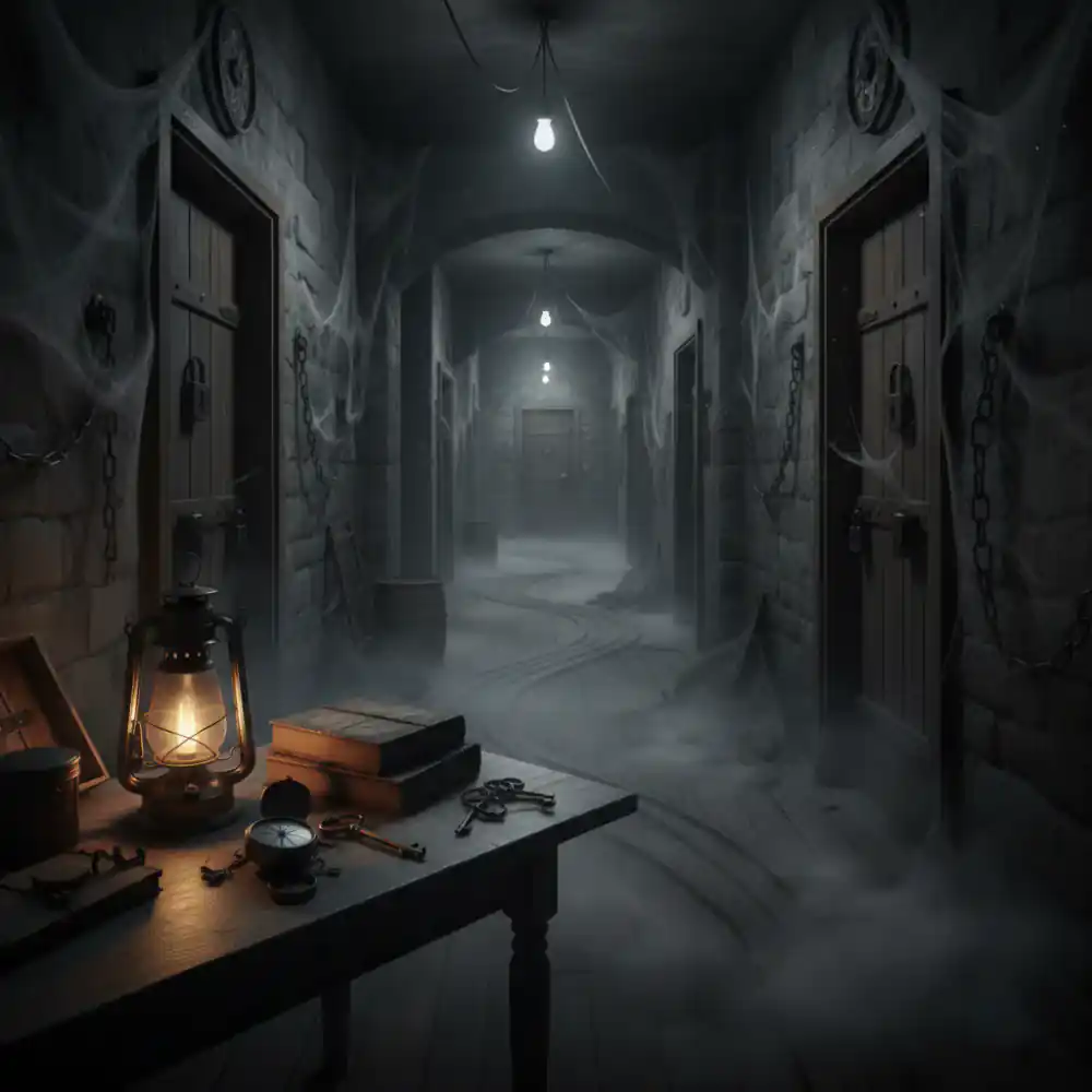 Atmospheric dark corridor of an escape room