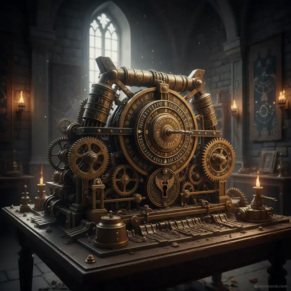 Intricate lock and cipher machinery in a dark room