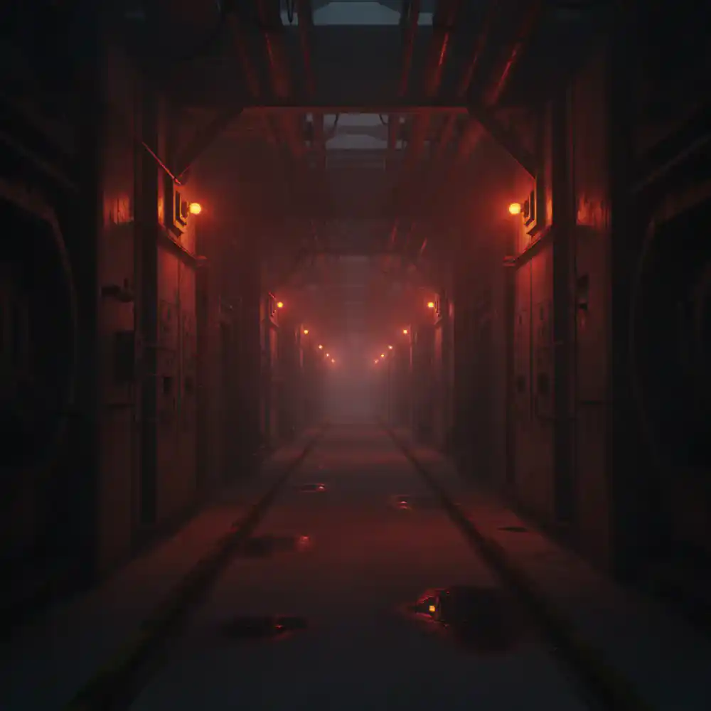 Dark industrial corridor with warning lights