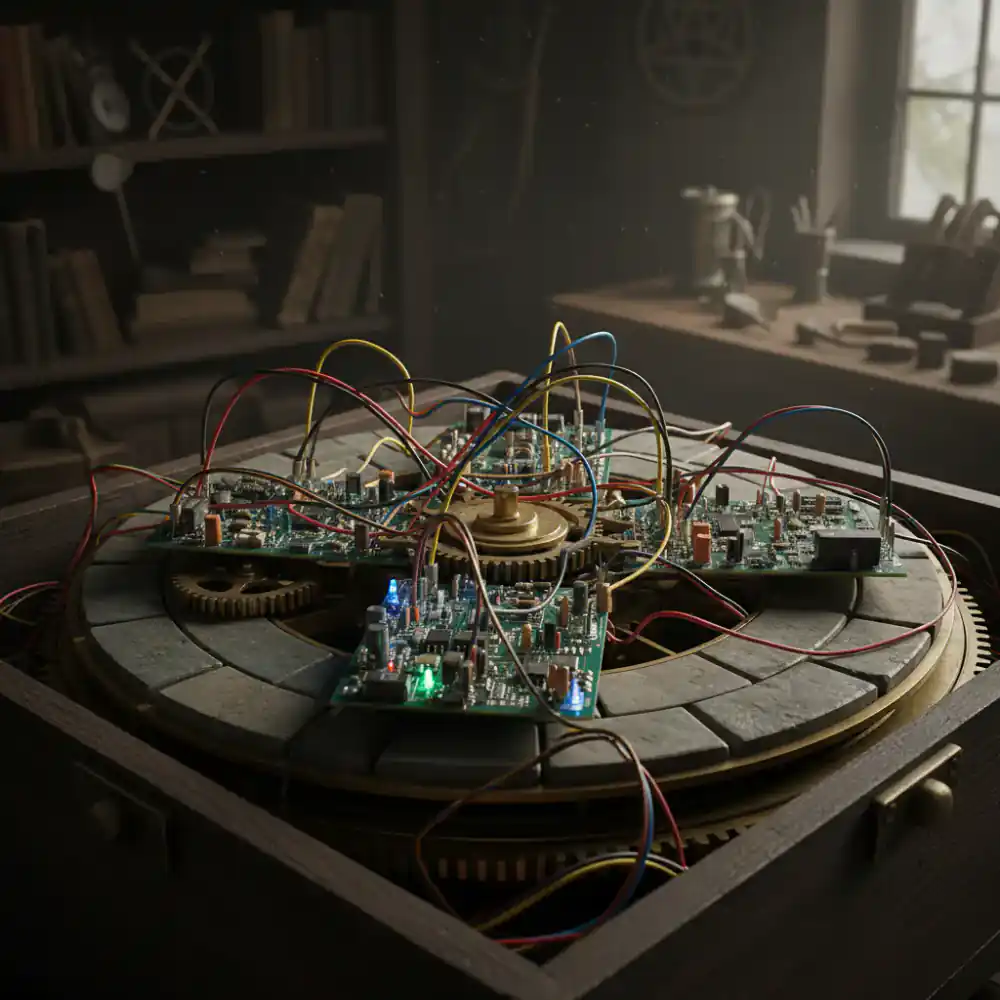 Wires and logic boards powering a puzzle mechanism